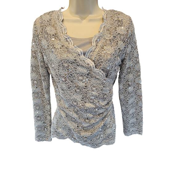 Purple grey faux wrap lace long sleeve layered blouse S USA made sequin sparkle - Picture 1 of 7